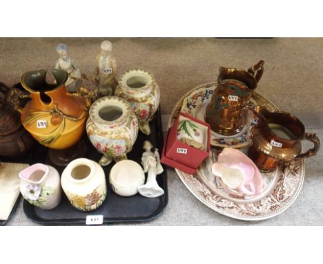 An American Roseville pottery vase decorated with pinecone on a branch, pair of flower decorated Vienna pots (no lids) a larg