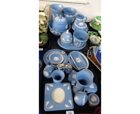 A collection of Wedgwood blue jasperware including jar and cover, vases, trinket boxes, jug, dishes etc Condition Report: Ava