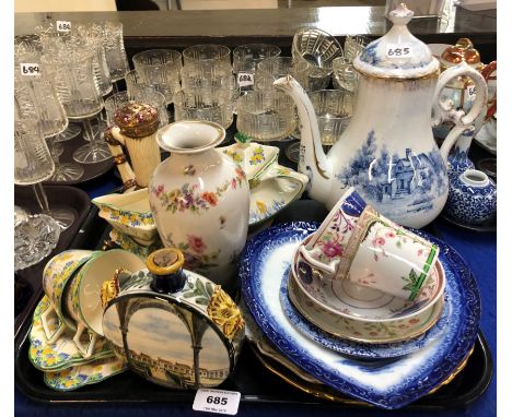 A Crown Ducal Meadowsweet bachelor teaset, a Hungarian style coffee pot, a heart shaped Royal Crown derby dish in blue and wh