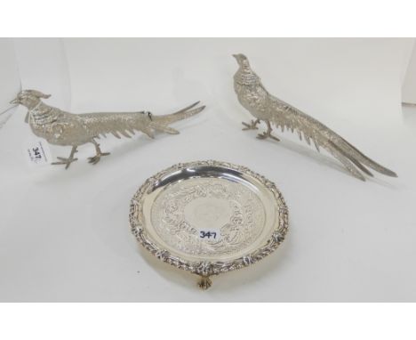 A lot comprising silver plated peacock and peahen figures and a silver plated card tray on three claw and ball feet (2) Condi