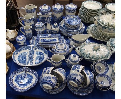 An extensive collection of Spode Italian Pattern tablewares including three storage jars, three graduated jugs, six breakfast