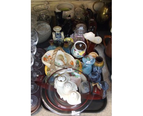 A collection of decorative ceramics and glassware including Ducal tube lined basket, Belleek cream jug and sugar bowl, glass 