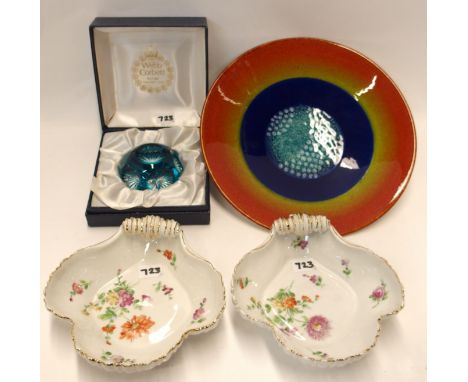A Poole pottery Earth dish, a Webb Corbett flashed and cut paperweight in box and a pair of B &amp; G shell shaped dishes (4)