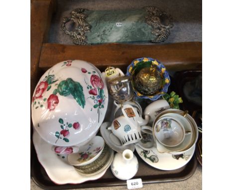 A collection of ceramics and glass including a French tureen and cover, a Galileo thermometer, posies, lamps etc Condition Re