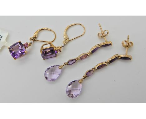 A pair of 9ct gold amethyst earrings, with square amethyst of approx 8mm x 8mm and continental hook fastenings and a further 