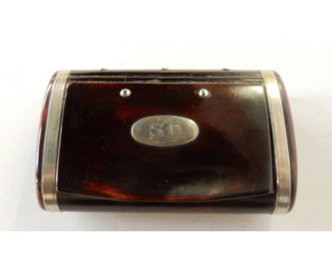 A silver plate banded tortoiseshell snuff box with inlaid oval initialled 'SD', 10.7cm x 6.5cm Condition Report: Available up