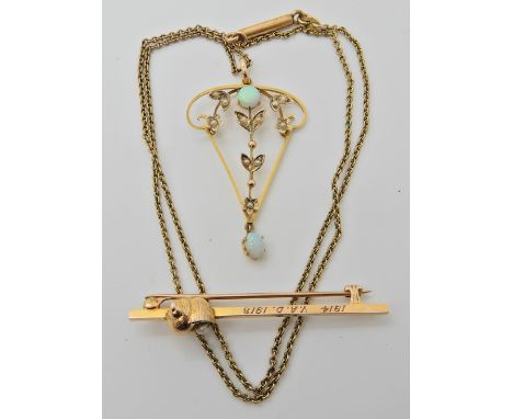 A 9ct gold opal and pearl Edwardian pendant and chain, length of pendant 4.5cm, length of chain 44cm and a 9ct bar brooch mou