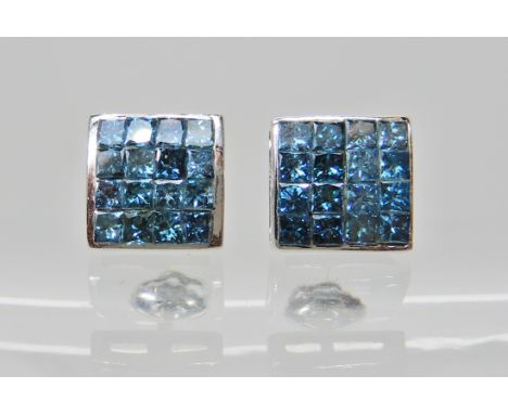 A pair of 14ct gold princess cut blue diamond studs, estimated approx diamond content 1.90cts, head size 7.8mm x 7.8mm, weigh