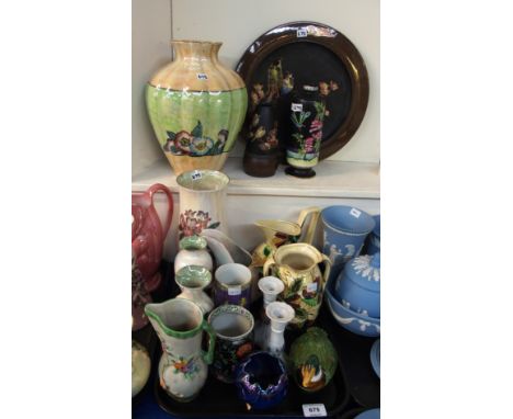 A Bretby bird decorated platter and similar vase, Crown Devon lustre ware vases, a Mayfield pattern jug, Empire Ware vase and