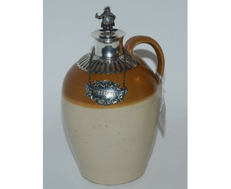 A late Victorian whisky flask with white-metal mounted collar with white-metal figural stopper of John Barleycorn and white-m