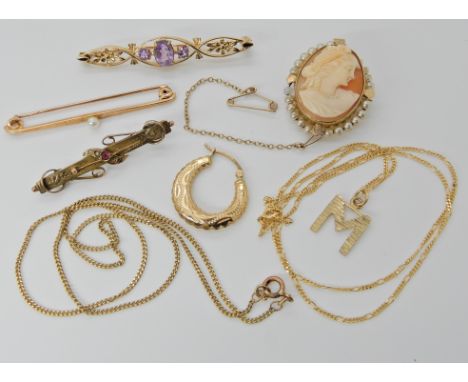 A 9ct gold amethyst brooch 5.5cm, a 9ct pearl and red gem brooch length 4.2cm, a 9ct pearl bar brooch length 5.1cm, a 9ct 'M'