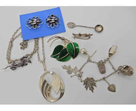 A Norwegian silver and enamel brooch by Bernard Meldahl, a German silver retro pendant, a Kigu Facetta lizard brooch and othe
