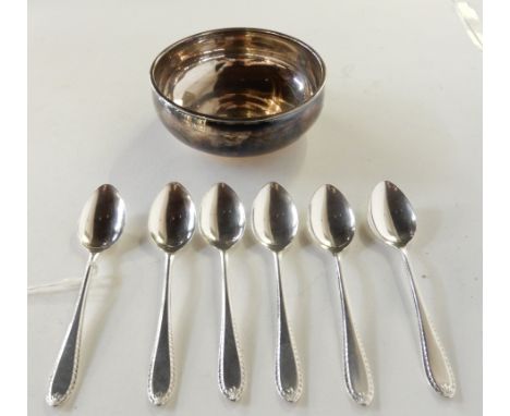 A lot comprising a set of six silver coffee spoons, Sheffield 1931 and a silver bowl, Birmingham 1932, 176gms Condition Repor
