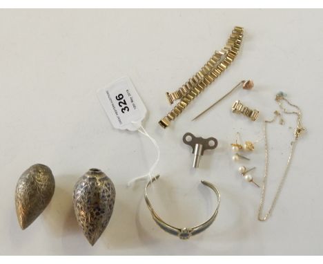 A lot comprising a white metal and enamel bangle, two ovoid scent bottles, earrings and a stick pin Condition Report: Availab
