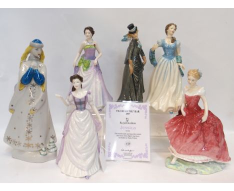 Four Royal Doulton figures including Summers day, Jessica, Flower of Scotland and Pride of Scotland, together with a Russian 
