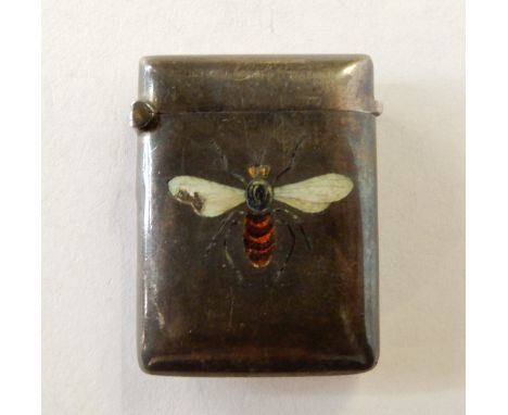A silver vesta by Henry Charles Freeman, Birmingham 1905, with coloured enamel inlay depicting a bee, 5cm x 3.5cm Condition R