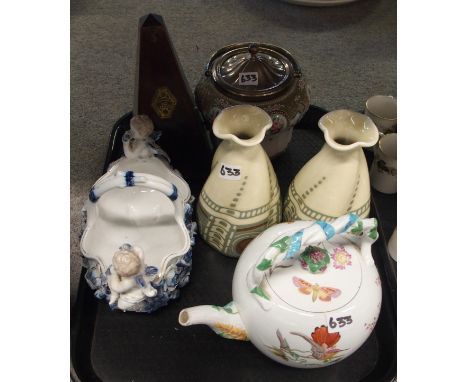 A Wedgwood creamware teapot, transfer printed and hand coloured with hummingbirds and flowers etc, a pair of continental vase