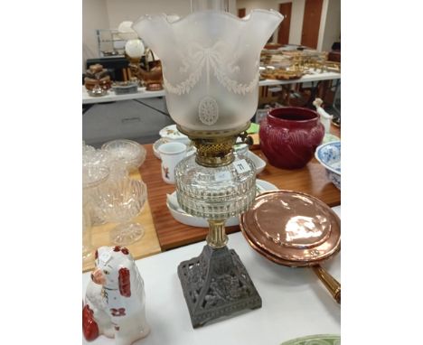 LARGE VICTORIAN CUT GLASS OIL LAMP WITH METAL BASE, EDGE GLASS SHADE