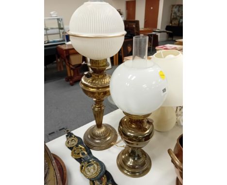 VICTORIAN OIL LAMP CONVERTED TO ELECTRICITY TOGETHER WITH ANOTHER
