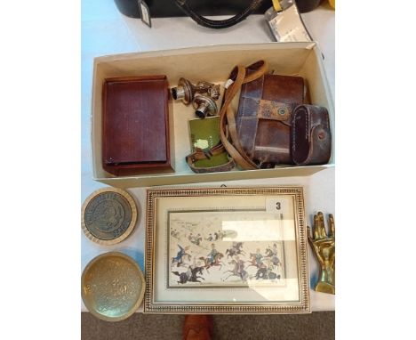 PERSIAN MINIATURE INLAID BONE FRAME, WOODEN CHESS SET, VINTAGE CAMERA ETC