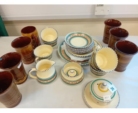 7 POTTERY BEAKERS, POOLE POTTERY DISH 7 POTTERY BEAKERS , POOLE POTTERY BUTTER DISH AND HONITON DEVON TEA SET ( APPROX 26 PIE