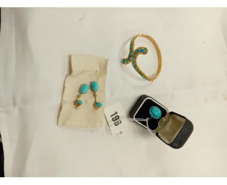 SILVER AND TURQUOISE DRESS RING PROBABLY GOLD BANGLE INSET TURQUOISE, AND A PAIR OF PROBABLY GOLD TURQUOISE EARRINGS