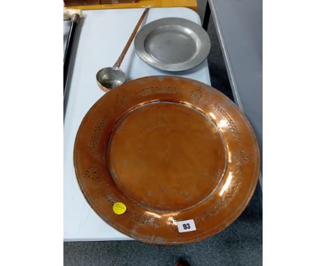 LARGE SERVING DISH, COPPER LADLE, 18TH CENTURY PEWTED PLATE
