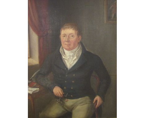 English School, circa 1810, a gentleman seated by a window holding his spectacles with his left arm leaning on a desk, oil on