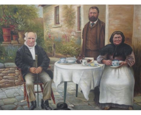 An early 20th century naïve style family group portrait, figures taking tea outside a cottage, 76 x 126cm  
