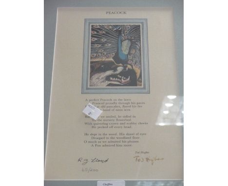 Ted Hughes 'The Peacock' Framed print of the poem, signed by Ted Hughes and R. Lloyd, numbered 65/200  