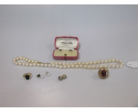 A cabouchon garnet ring, 9ct gold, a lady's bloodstone signet ring, 9ct gold, a single row cultured pearl necklace & earstuds