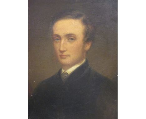 English School, (late 19th century) Portrait of a young man, wearing a black jacket and a tie seated before a red curtain, oi