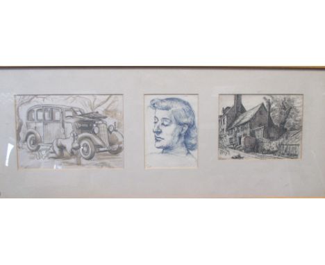Mary Dudding (British, 20th century) Three drawings framed as one to include a man fixing a car, dated '1938 and a portrait o