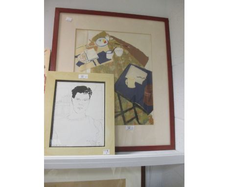 Nicolas Granger Taylor (Contemporary), collage, inscribed and dated 1984, 40 x 33cm; Self portrait, pen and ink, inscribed, 2