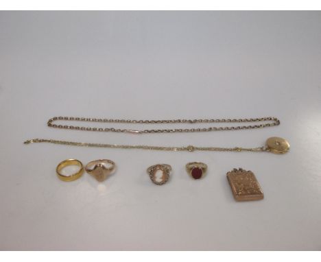 A belcher chain marked '9c', a 9ct gold locket, two 9ct gold signet rings, a cameo ring marked '9c' 26.4g gross, together wit