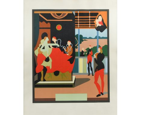 Stylised colour print of figures by a building, signed indistinctly lower right, numbered 9/10  