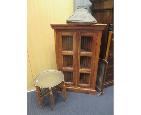 An Indian sheesham wood jali corner cupboard (123cm high and 76.5cm wide), together with an metal lamp shade, 1940's fire scr