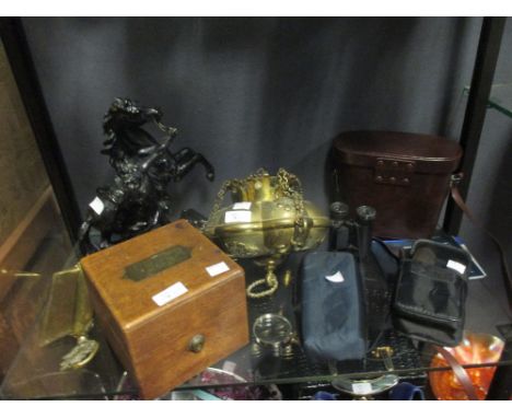 A Victorian oak box, possibly for a ship's chronometer, a brass hanging incense burner, three pairs of binoculars and a Marle