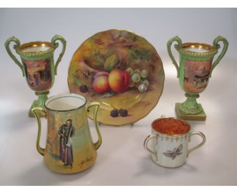 A pair of Royal Doulton two-handled vases, painted by H. Allen with views of Tunisia; a Royal Worcester plate painted by M. M