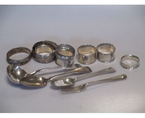 Six silver napkin rings, some silver flatware and two bangles gross weight 7.9ozt(12)  