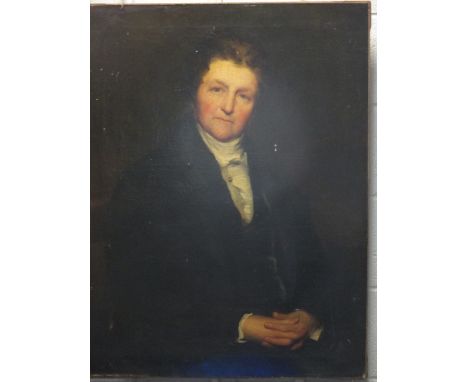 English School, circa 1820, Portrait of a gentleman, half length, seated wearing a white shirt and black jacket, oil on canva