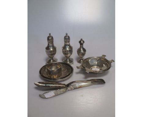 Four silver dishes, a napkin ring, two butter knives and three pepperettes (10)  