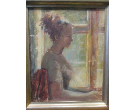 Manner of Bernard Dunstan 'Portrait of a lady, seated by a window', bears intials lower left, oil on board, 50 x 39cm  
