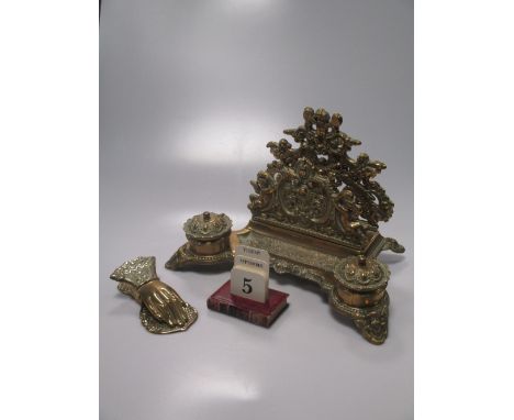 A brass desk stand, a quantity of blue and white wares and a pair of cut glass decanters and stoppers  