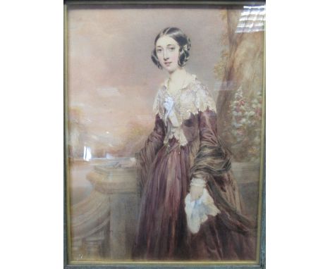 English School, 19th Century  Portrait of Mrs Nelson (1820-1897), three-quarter length, standing, in a lace-trimmed brown dre