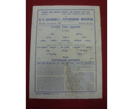 1941/42 QPR v Tottenham, a programme from the London War League game played on 03/01/1942, S/S, folded