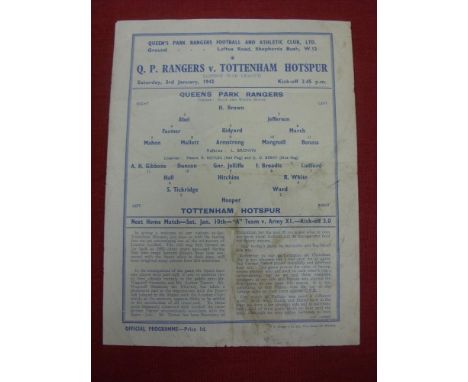 1941/42 QPR v Tottenham, a programme from the London War League game played on 03/01/1942, S/S, folded