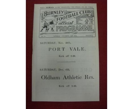 1919/20 Burnley v Bradford Park Avenue, a programme from the game played on 22/11/1919 (ex bound volume), first season after 