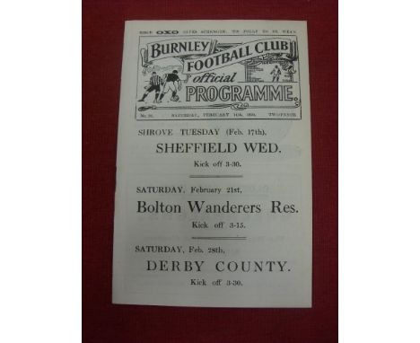 1919/20 Burnley v Manchester City, a programme from the game played on 14/02/1920 (ex bound volume), the first season after t