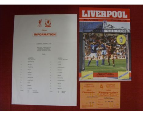 Arsenal Championship Match, Liverpool v Arsenal, Played 26/05/1989, Official Match Programme, Photographers Ticket &amp; Team